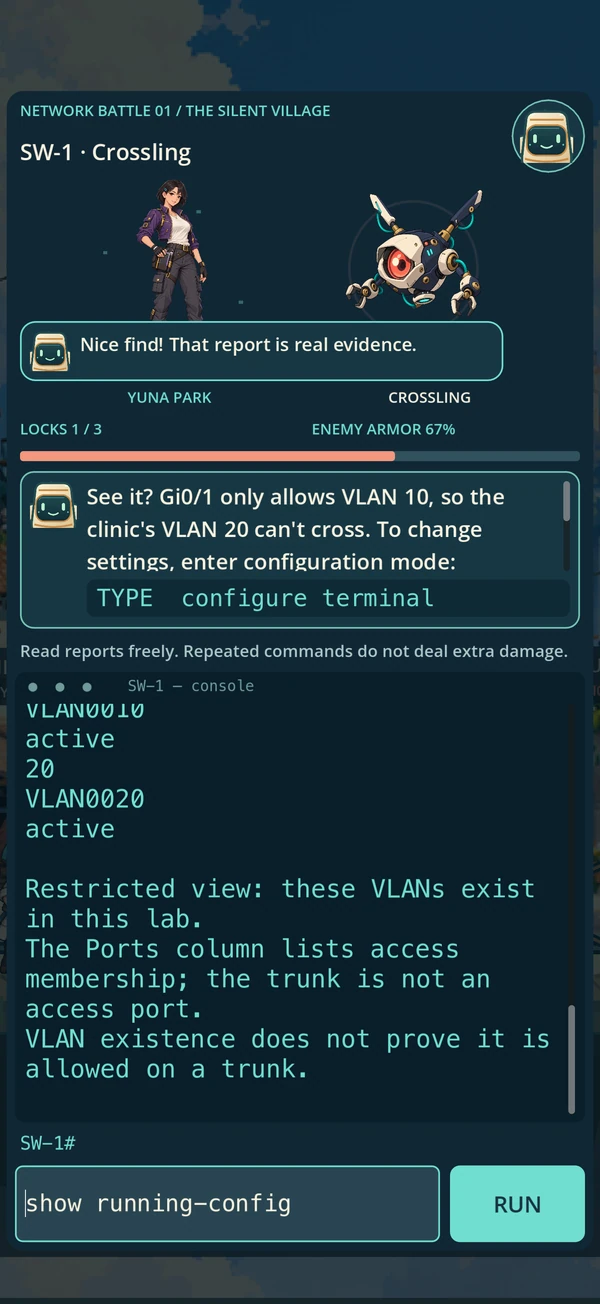 The game's portrait console and battle view, with typed network evidence and PIP nearby.