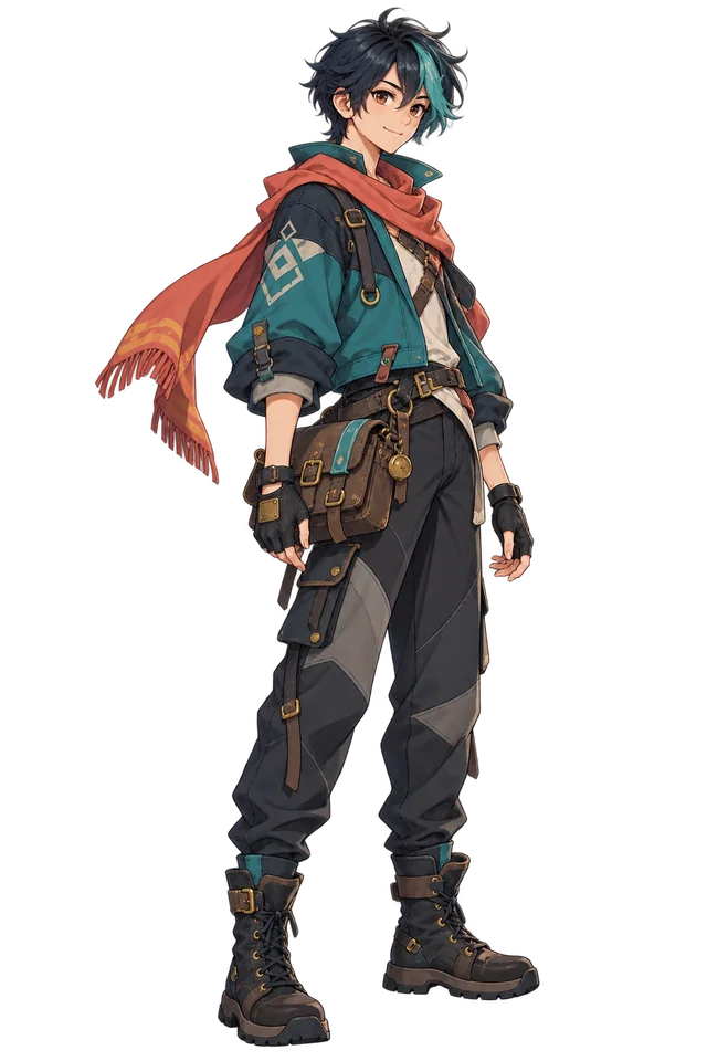 Ren Vale in a teal utility jacket and coral scarf, carrying a courier's tool satchel.